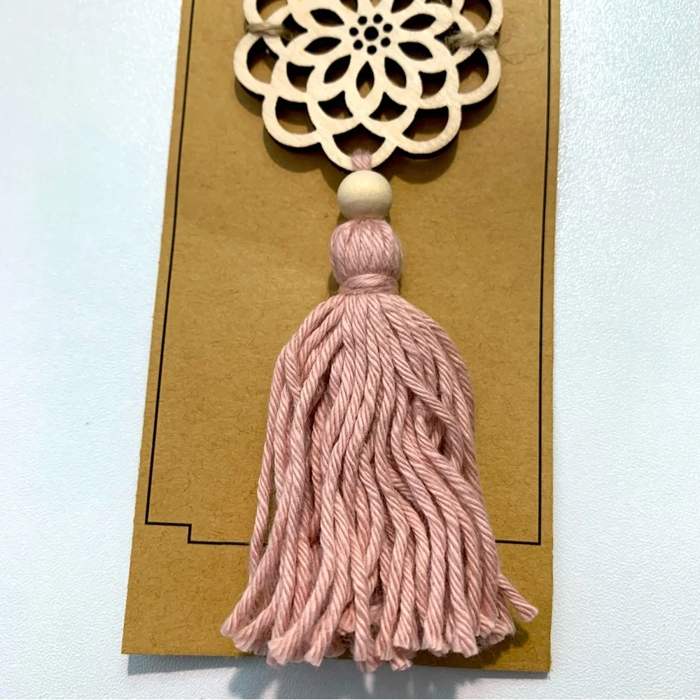 Mandala Keychain Diffuser Purse Charm with Wooden Beads and Pink Yarn Tassel